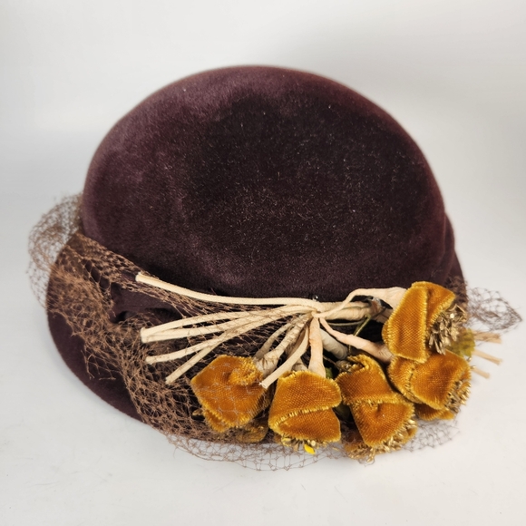 Vintage FLAMAND Velour Hat Floral Made Italy Chocolate Brown Netting 1930s Saks - Picture 5 of 9